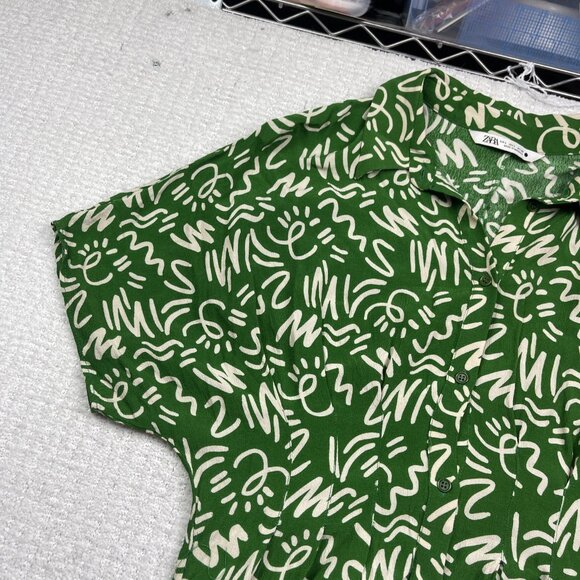Zara Dress Womens Size L The Elora Green and White Printed Midi Button Up Boho - Picture 2 of 11